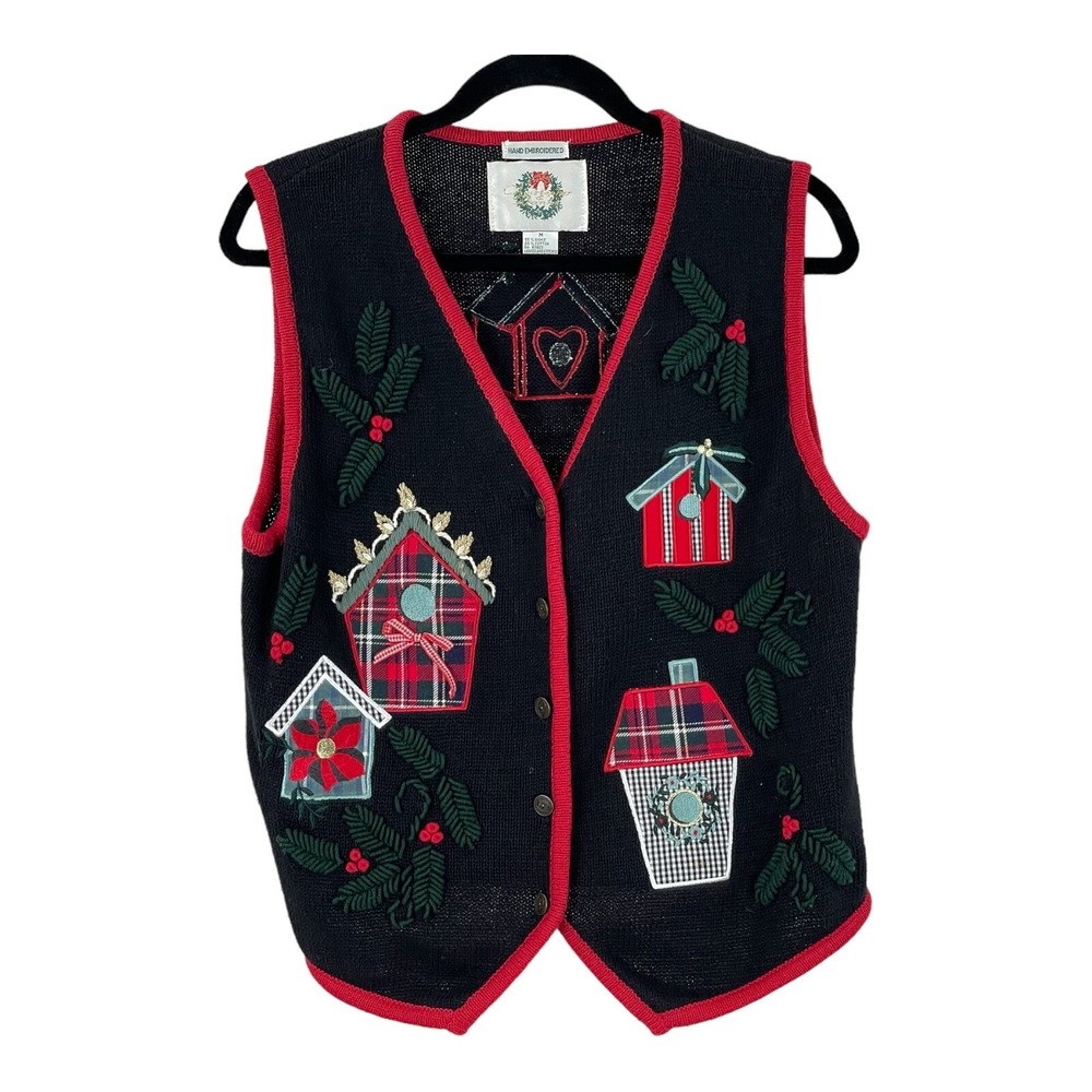 Christopher Banks Embroidered Christmas Vest Womans M Knit‎ Sweater Birdhouses